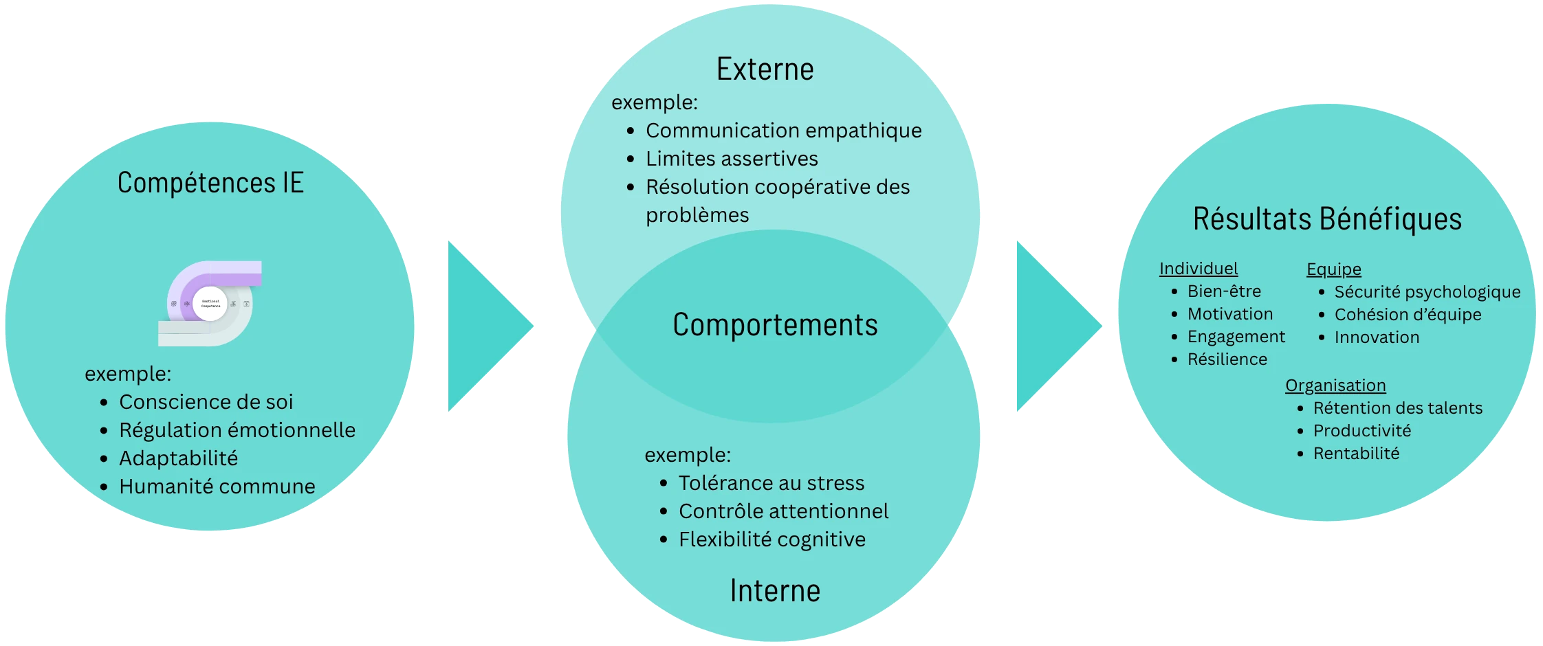 Un diagramme retraçant les compétences IE à travers des comportements internes et externes jusqu’aux bénéfices pour les individus, les équipes et l’organisation
